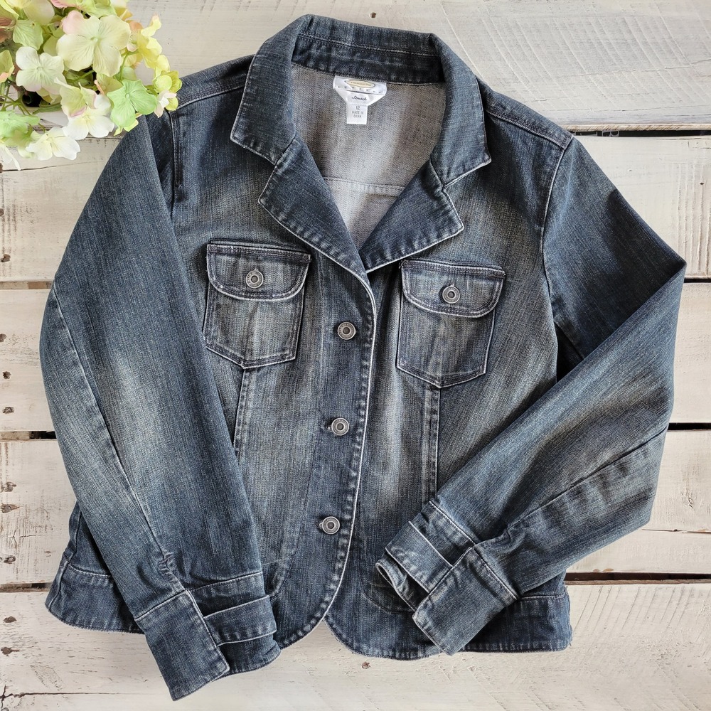 Talbots Petites Dark Wash Stretch Denim Blazer Jacket Blue Size 12P Button Front